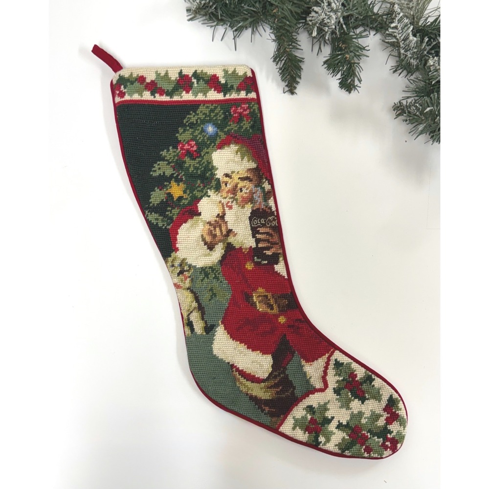 Vintage 1997 Coca-Cola Needlepoint Christmas Stocking Santa Claus Velvet Back